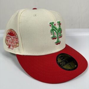 New York Mets Hat Cap Fitted Mens 7 1/2 Cream Red MLB Baseball All Star New Era